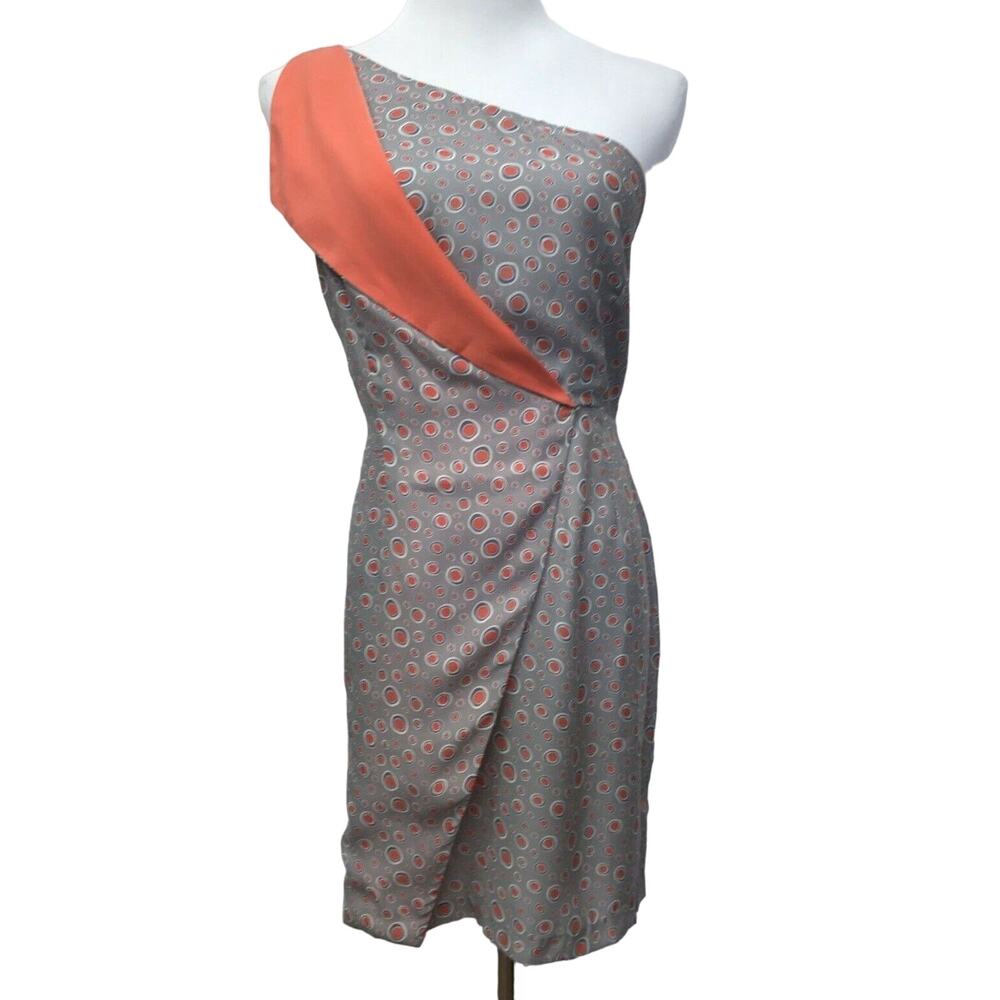 Gemma Crus Dress 6 Gray Orange Dots Circles One Shoulder